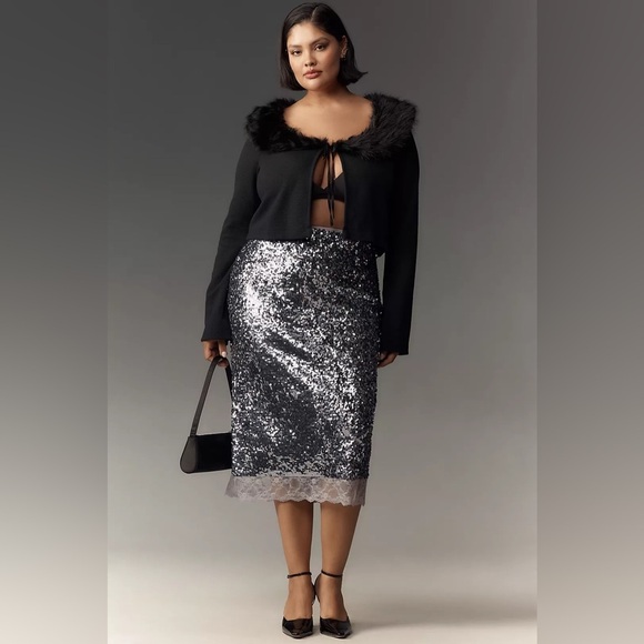 NWT! Maeve Faux-Fur Collar Crop Cardigan Sweater - Size Medium 🏀 - Picture 7 of 12